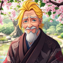 A highly detailed portrait of an elderly anime man with vibrant yellow hair, showcasing intricate facial features such as laugh lines and wise, expressive eyes