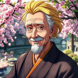 A highly detailed portrait of an elderly anime man with vibrant yellow hair, showcasing intricate facial features such as laugh lines and wise, expressive eyes