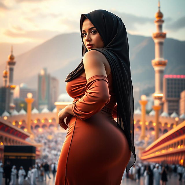 A beautiful, sensual scene featuring a curvy woman with a big booty, elegantly draped in a hijab, standing confidently in a stunning representation of Makkah