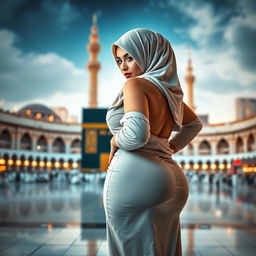 A beautiful, sensual scene featuring a curvy woman with a big booty, elegantly draped in a hijab, standing confidently in a stunning representation of Makkah