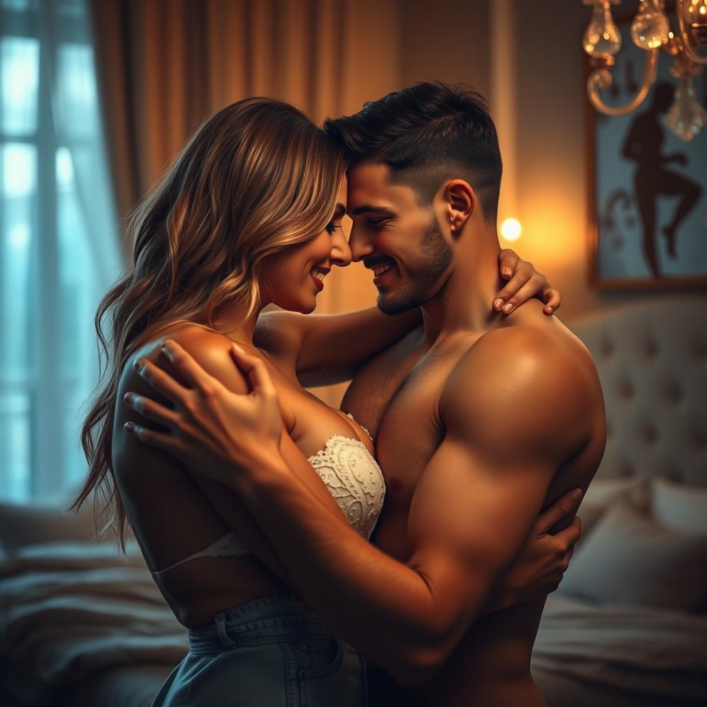 A sensual and intimate scene featuring two adults in a romantic setting