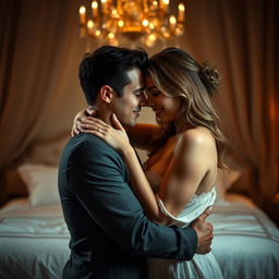 A sensual and intimate scene featuring two adults in a romantic setting