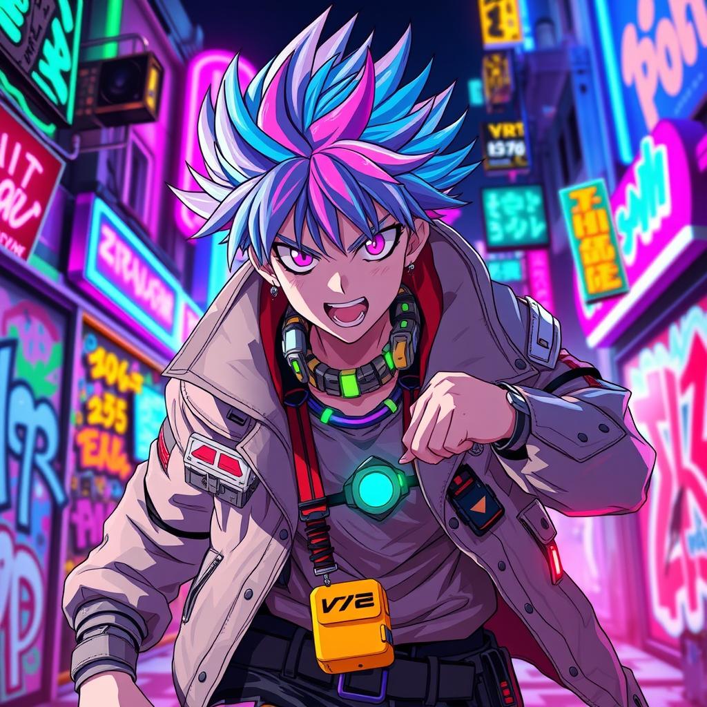 A vibrant and dynamic anime male character, featuring wild spiky hair in an array of neon colors like electric blue and bright pink