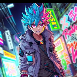 A vibrant and dynamic anime male character, featuring wild spiky hair in an array of neon colors like electric blue and bright pink