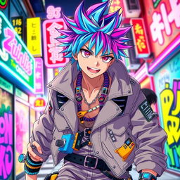 A vibrant and dynamic anime male character, featuring wild spiky hair in an array of neon colors like electric blue and bright pink