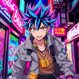 A vibrant and dynamic anime male character, featuring wild spiky hair in an array of neon colors like electric blue and bright pink