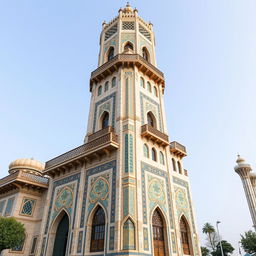 A tall, avant-garde tower inspired by Safavid architecture and the Ali Qapu Palace in Isfahan, featuring intricate muqarnas and colorful tile work on various façades, especially around entrances and lattice sections to evoke a traditional Safavid atmosphere