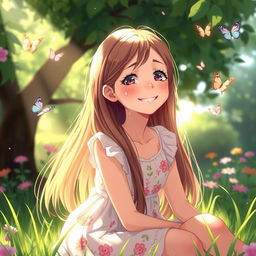 A girl sitting in a lush green park, tears streaming down her face but with a bright smile, reflecting a mixture of emotions
