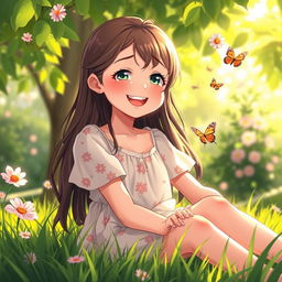 A girl sitting in a lush green park, tears streaming down her face but with a bright smile, reflecting a mixture of emotions