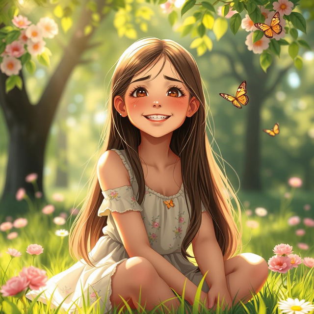 A girl sitting in a lush green park, tears streaming down her face but with a bright smile, reflecting a mixture of emotions