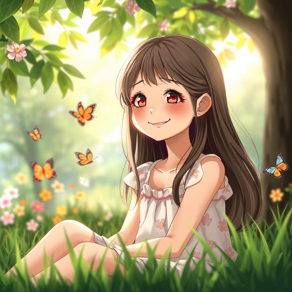 A girl sitting in a lush green park, tears streaming down her face but with a bright smile, reflecting a mixture of emotions