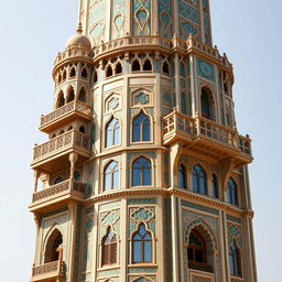 A tall, avant-garde tower inspired by Safavid architecture and the Ali Qapu Palace in Isfahan, featuring intricate muqarnas and colorful tile work on various façades, especially around entrances and lattice sections to evoke a traditional Safavid atmosphere