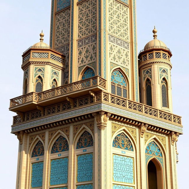 A tall, avant-garde tower inspired by Safavid architecture and the Ali Qapu Palace in Isfahan, featuring intricate muqarnas and colorful tile work on various façades, especially around entrances and lattice sections to evoke a traditional Safavid atmosphere