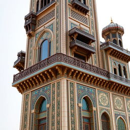 A tall, avant-garde tower inspired by Safavid architecture and the Ali Qapu Palace in Isfahan, featuring intricate muqarnas and colorful tile work on various façades, especially around entrances and lattice sections to evoke a traditional Safavid atmosphere