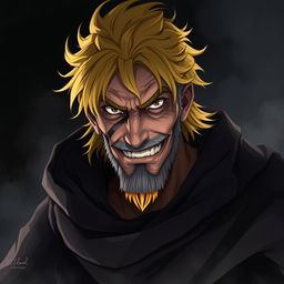A highly detailed anime character design depicting an old villainous man with bright yellow hair