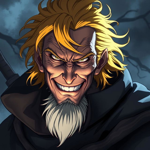 A highly detailed anime character design depicting an old villainous man with bright yellow hair