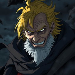 A highly detailed anime character design depicting an old villainous man with bright yellow hair