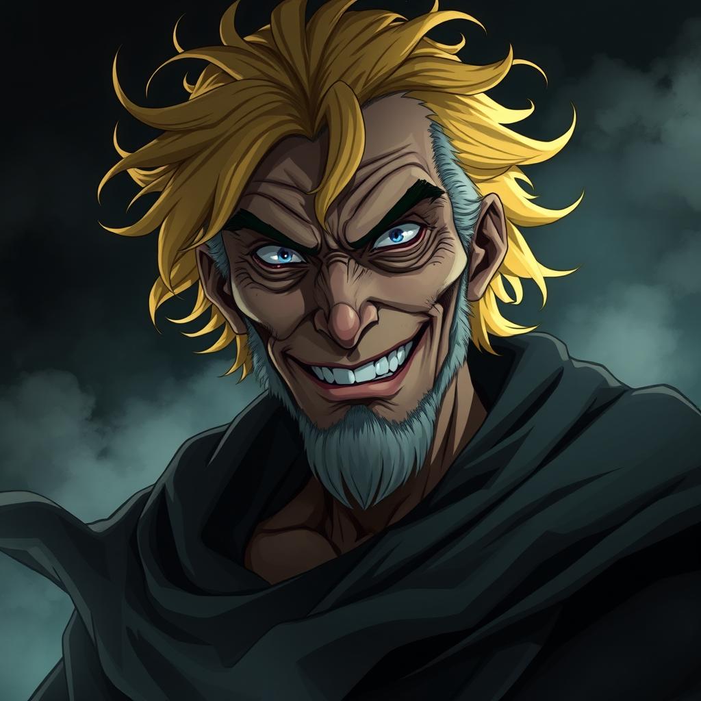 A highly detailed anime character design depicting an old villainous man with bright yellow hair