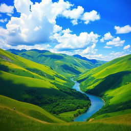 A beautiful landscape photo transformed into a vivid painting featuring lush green hills, a bright blue sky, fluffy white clouds, and a tranquil river winding through the valley