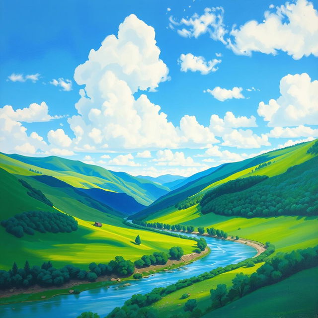 A beautiful landscape photo transformed into a vivid painting featuring lush green hills, a bright blue sky, fluffy white clouds, and a tranquil river winding through the valley