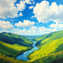 A beautiful landscape photo transformed into a vivid painting featuring lush green hills, a bright blue sky, fluffy white clouds, and a tranquil river winding through the valley