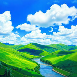 A beautiful landscape photo transformed into a vivid painting featuring lush green hills, a bright blue sky, fluffy white clouds, and a tranquil river winding through the valley