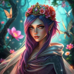A fantasy-themed profile picture featuring a mystical forest background with vibrant, glowing flora and ethereal creatures
