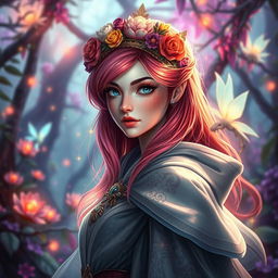 A fantasy-themed profile picture featuring a mystical forest background with vibrant, glowing flora and ethereal creatures