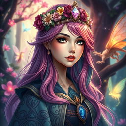 A fantasy-themed profile picture featuring a mystical forest background with vibrant, glowing flora and ethereal creatures