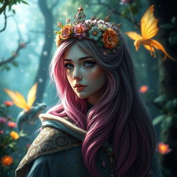 A fantasy-themed profile picture featuring a mystical forest background with vibrant, glowing flora and ethereal creatures