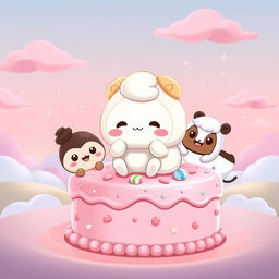A cute 2D illustration of Cinnamoroll happily sitting on a pink-frosted cake decorated with candy details