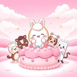 A cute 2D illustration of Cinnamoroll happily sitting on a pink-frosted cake decorated with candy details