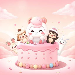 A cute 2D illustration of Cinnamoroll happily sitting on a pink-frosted cake decorated with candy details