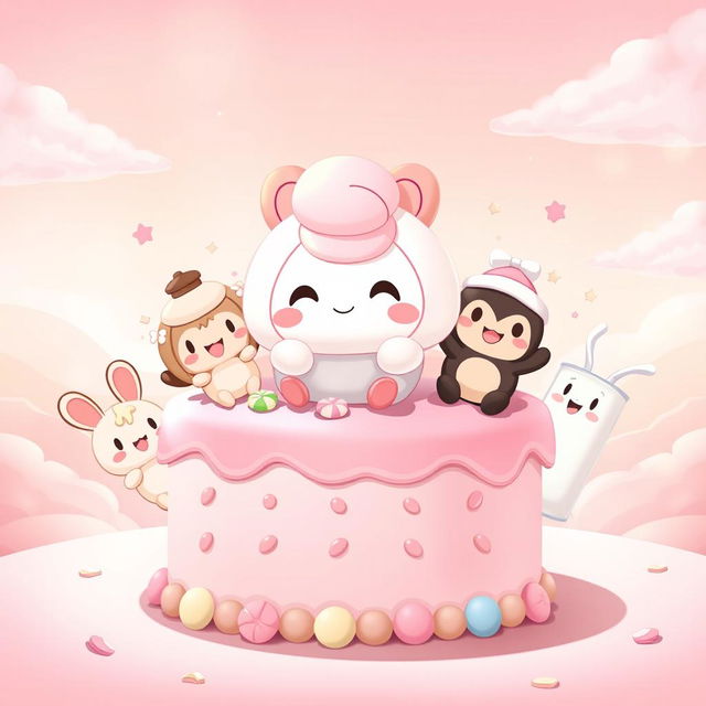 A cute 2D illustration of Cinnamoroll happily sitting on a pink-frosted cake decorated with candy details