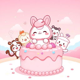 A cute 2D illustration of Cinnamoroll happily sitting on a pink-frosted cake decorated with candy details