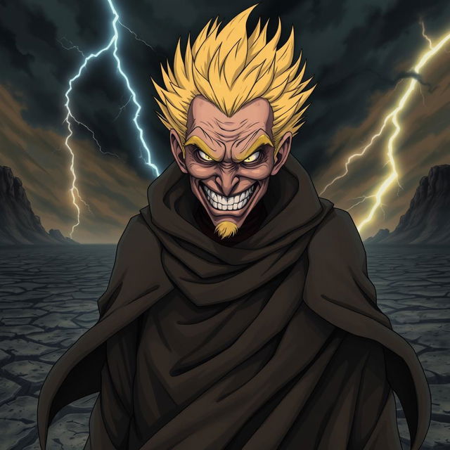 An elderly anime villain with wild, spiky yellow hair, dressed in a tattered dark cloak that billows dramatically