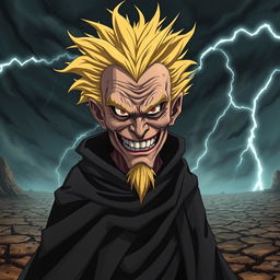 An elderly anime villain with wild, spiky yellow hair, dressed in a tattered dark cloak that billows dramatically