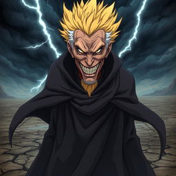 An elderly anime villain with wild, spiky yellow hair, dressed in a tattered dark cloak that billows dramatically