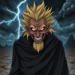 An elderly anime villain with wild, spiky yellow hair, dressed in a tattered dark cloak that billows dramatically