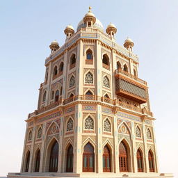 A tall, avant-garde tower inspired by Safavid architecture and the Ali Qapu Palace in Isfahan, featuring a facade width of 50 meters