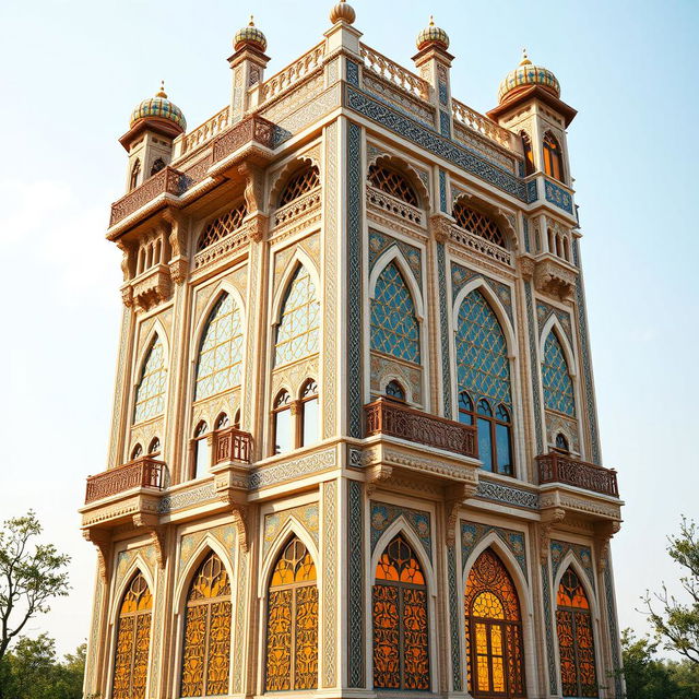 A tall, avant-garde tower inspired by Safavid architecture and the Ali Qapu Palace in Isfahan, featuring a facade width of 50 meters