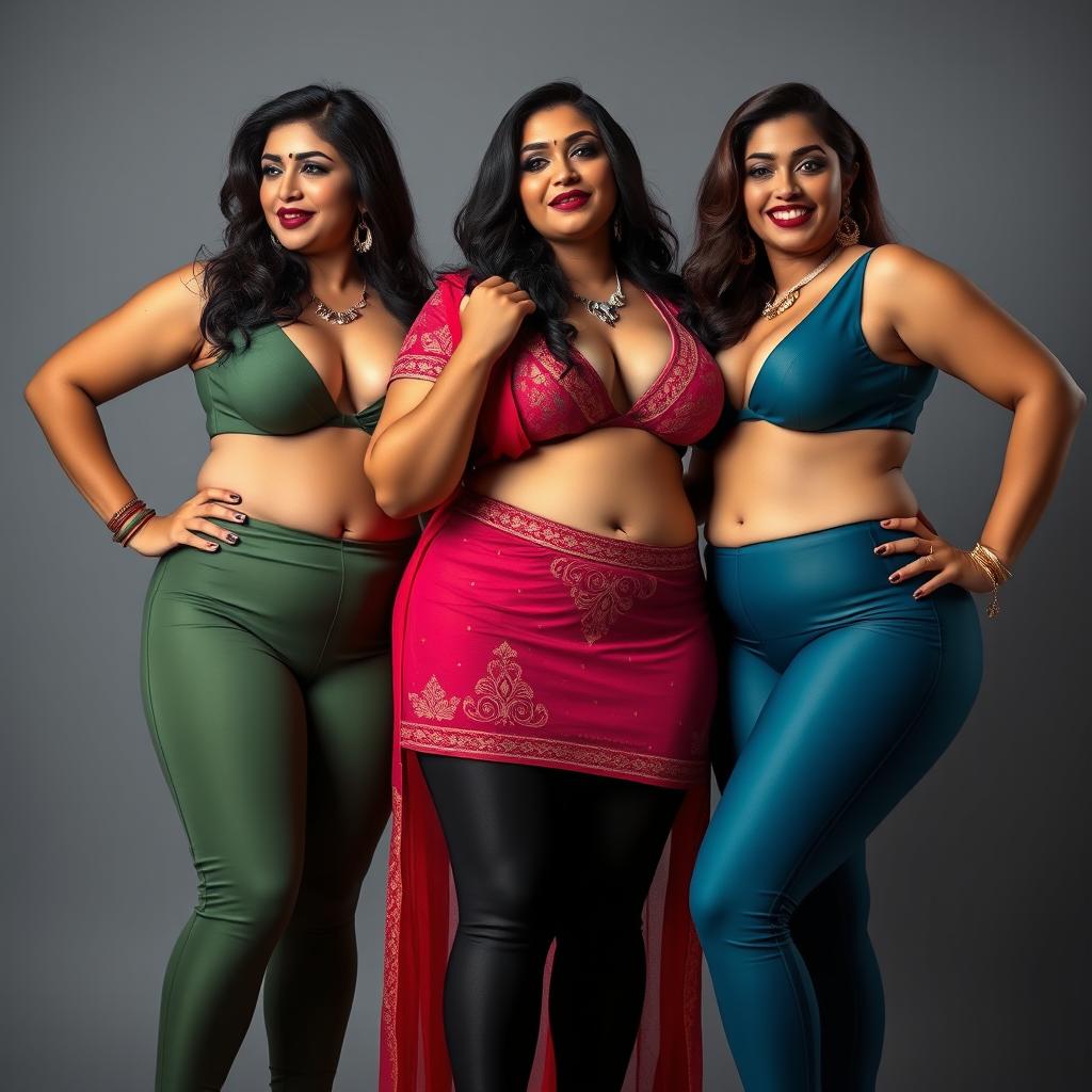 Three sexy desi aunties, each dressed in a unique style that highlights their curvy figures