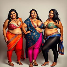 Three sexy desi aunties, each dressed in a unique style that highlights their curvy figures