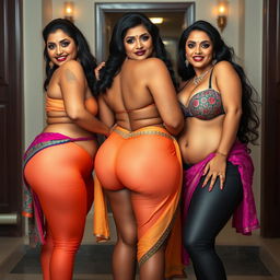 Three sexy desi aunties, each dressed in a unique style that highlights their curvy figures