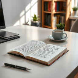 An organized and aesthetically pleasing note-taking scene, featuring a neatly arranged desk with a high-quality notebook opened to show handwritten notes in elegant calligraphy