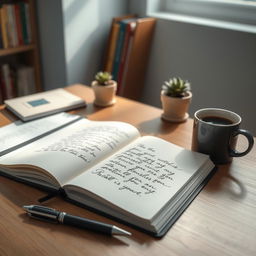 An organized and aesthetically pleasing note-taking scene, featuring a neatly arranged desk with a high-quality notebook opened to show handwritten notes in elegant calligraphy