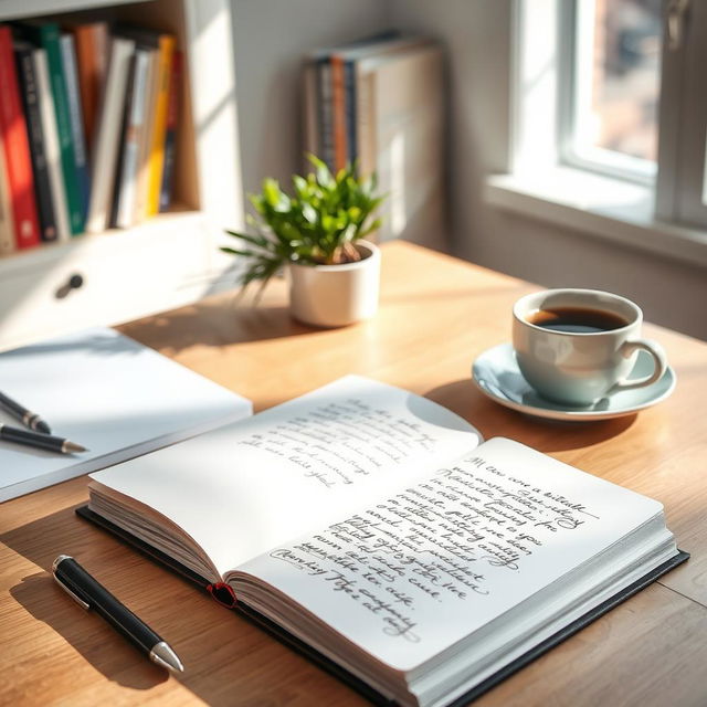 An organized and aesthetically pleasing note-taking scene, featuring a neatly arranged desk with a high-quality notebook opened to show handwritten notes in elegant calligraphy