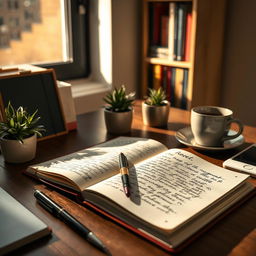 An organized and aesthetically pleasing note-taking scene, featuring a neatly arranged desk with a high-quality notebook opened to show handwritten notes in elegant calligraphy