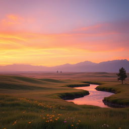 A serene and enchanting scene depicting a vast, tranquil landscape with soft rolling hills, a vibrant sunset casting warm orange and purple hues across the sky, and a peaceful river gently flowing through the foreground