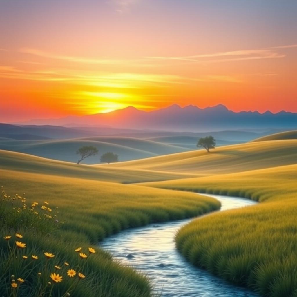 A serene and enchanting scene depicting a vast, tranquil landscape with soft rolling hills, a vibrant sunset casting warm orange and purple hues across the sky, and a peaceful river gently flowing through the foreground